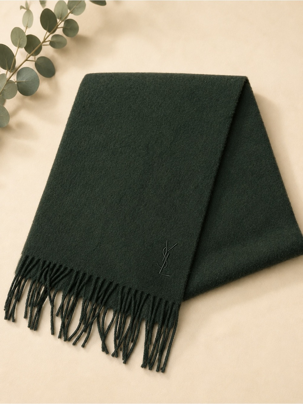 Yves Saint Laurent Forest Green Wool Fringed Scarf